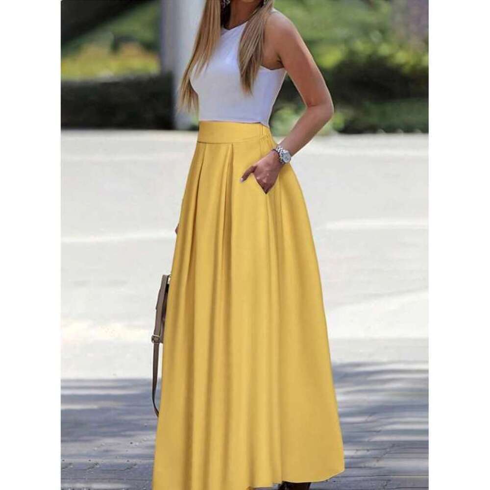 EMERY ROSE A-Line Solid Color High Waist Slant Pocket Skirt